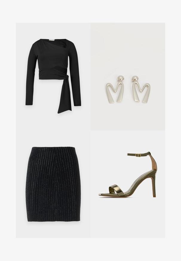 Sort langærmet asymmetrisk crop top med tætsiddende design og sidelænke detalje på en klar hvid baggrund.; Sort strikket mini skirt med lodrette ribber og subtile metallic tråde. Har et tætsiddende design og en centralt bagåbning for let bevægelse.; Guld højhælede sandaler med ankelrem og spænde, åben tå, slank stiletthæl og skinnende metalfinish på en ensfarvet baggrund.; Par sølvtonede metaleøreringe formet som den kantede bogstav M med runde fester på en hvid baggrund.
