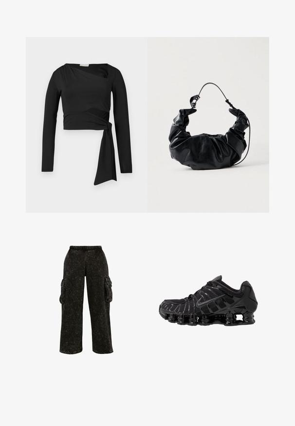 Čierny asymetrický crop top s dlhým rukávom a priliehavým strihom s detailom viazania na boku na jednofarebnom bielom pozadí.; Čierne cargo nohavice s textúrovaným povrchom, elastickým pásom a bočnými vreckami. Vynikajú široké nohavice a voľný strih.; Čierna športová obuv s vrchnou časťou z sieťoviny a lesklými detailmi. Obsahuje zakrivené odpruženie a textúrované línie po stranách. Viditeľné logo Nike.; Čierna kabelka z umelej kože so soft, zberaným dizajnom a flexibilným uškom, ktorá predvádza hladkú textúru a jemný lesk.