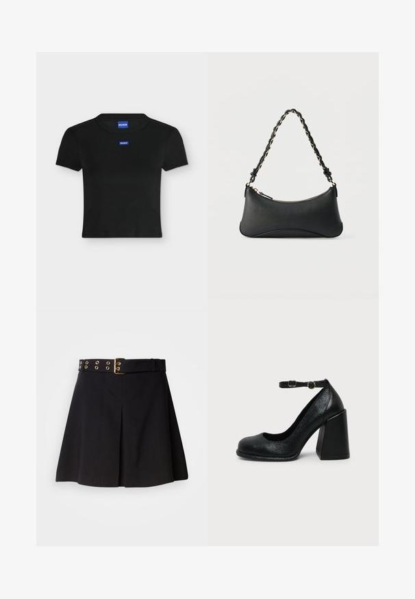 Schwarzes kurzärmeliges Crop-T-Shirt mit Rundhalsausschnitt und zwei kleinen blauen HUGO-Markenlabels vorne und am Kragen.; Schwarzer plissierter Rock mit einem breiten Gürtel, der goldene Metallbeschläge und Ösen-Details aufweist, aus glattem Stoff gefertigt und für eine taillierte Passform konzipiert.; Schwarzer Leder-Pumps mit abgerundetem Zehenbereich und verstellbarem Knöchelriemen mit goldener Schnalle auf schlichter heller Hintergrundfläche.; Schwarze Lederschultertasche mit gewölbter rechteckiger Form, goldener Kette, die in den geflochtenen schwarzen Riemen eingewebt ist, und Reißverschlussverschluss oben.