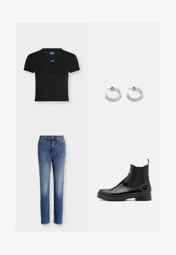 T-shirt court noir à manches courtes avec col rond et deux petites étiquettes bleues HUGO sur le devant et le col.; Jean bleu moyen taille haute à coupe droite avec poches avant, passants de ceinture, fermeture par bouton, et détails légèrement délavés sur les cuisses et les genoux.; HUGO TABITA - Bottes en caoutchouc - black; Boucles d'oreilles en argent en forme de créoles présentant une surface lisse et une rangée de petites pierres claires le long du bord inférieur, avec une fermeture à tige.