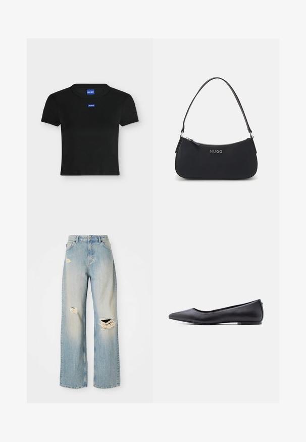 Zwart kort mouw crop-top met ronde hals en twee kleine blauwe HUGO-merklabels aan de voorkant en de kraag.; Lichtblauwe rechte spijkerbroek met hoge taille, riemlussen en versleten scheuren op de linker bovenbeen, rechterknie en onder linkerpijp.; Zwarte platte leren schoen met puntige neus en lage hak, zijaanzicht tegen een witte achtergrond.; Zwarte synthetische handtas met een gebogen vorm, ritssluiting en een korte handgreep. Heeft een zilveren "HUGO" logo aan de voorkant. Soepele textuur.