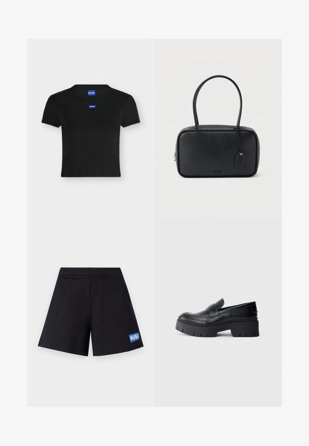 Camiseta negra de manga corta recortada con cuello redondo y dos pequeñas etiquetas azules de la marca HUGO en el frente y el cuello.; Pantalones cortos negros de corte relajado, con cintura elástica y logo azul "HUGO" en el muslo izquierdo; fabricados con material suave y transpirable.; Mocasín negro con plataforma gruesa, parte superior de cuero suave, tira decorativa y suela gruesa texturizada sobre fondo blanco.; Bolso rectangular negro con asas dobles redondeadas, cremallera dorada y logo "HUGO" en relieve en el frente con etiqueta de cuero adjunta.