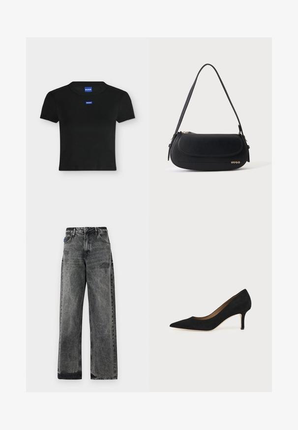 Sort kortærmet crop-top med rund hals og to små blå HUGO-mærker foran og ved kraven.; Bredde ben sorte denimjeans med en falmet vask, slidte detaljer foran og standard fem-lomme design.; Sort ruskind spids tå højhælet pumpe med en slank mellemhøj stilethæl og et lavt snit på en ensfarvet baggrund.; Sort skuldertaske i læder med buet klap, guld "HUGO" logo på forsiden og enkelt justerbar strop.