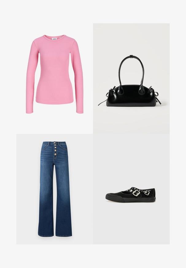 Top rose à manches longues côtelées et ajusté, avec un col rond et une étiquette de marque JJXX visible à l'intérieur du col.; ONLY ONLMADISON BLUSH BUT WIDE - Jean boyfriend - medium blue denim; Vans MARY JANE - Ballerines - black; Petit sac à main noir brillant avec deux longues anses et des détails à cordon sur les côtés sur un fond clair uni.