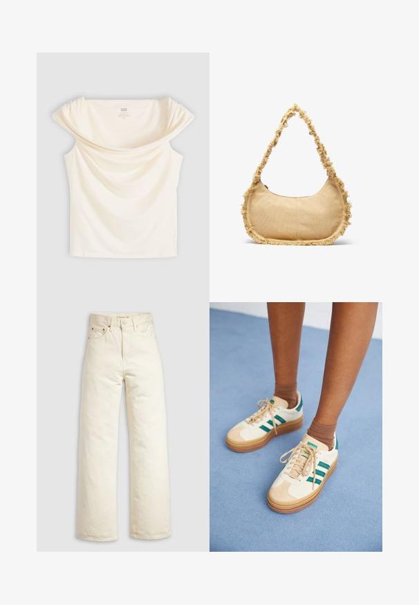 Off-White ärmelloses Oberteil mit weitem, drapiertem U-Boot-Ausschnitt und weich fallendem Stoff, flach auf einem hellgrauen Hintergrund liegend.; Jeans mit weitem Bein aus offweißem Denim, mit hohem Bund, kupferfarbenen Nieten und klassischem Fünf-Taschen-Design. Strukturierter Stoff mit sauberen Säumen.; Beige Sneakers mit dunkelgrünen Streifen, Gummisohle, Obermaterial aus Wildleder und Textil sowie neutralen Hardwareteilen, kombiniert mit braunen Socken auf einer hellblauen Oberfläche.; Texturierte beige Tasche mit runder Form, ausgefranstem Rand entlang der Kanten und einem kurzen Tragegriff. Mit einem Reißverschluss oben.