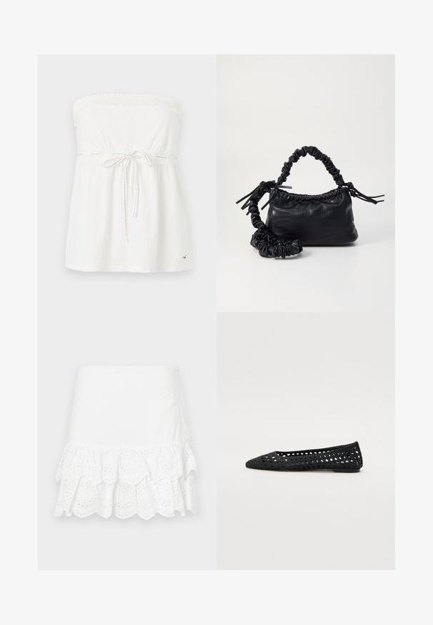 Haut blanc sans bretelles en coton avec un col froncé, une taille à cordon de serrage et de subtils accents de couture rouge.; Jupe en coton blanc présentant un design à volants superposés avec broderie à œillets au bas. Texture lisse, longueur au-dessus du genou.; Ballerine en crochet noire avec un bout pointu, présentant un design en mailles ouvertes et une semelle plate.; Sac à main en simili cuir noir avec une texture crocodile, un dessus resserré et une sangle froncée. A l'apparence douce et compacte.