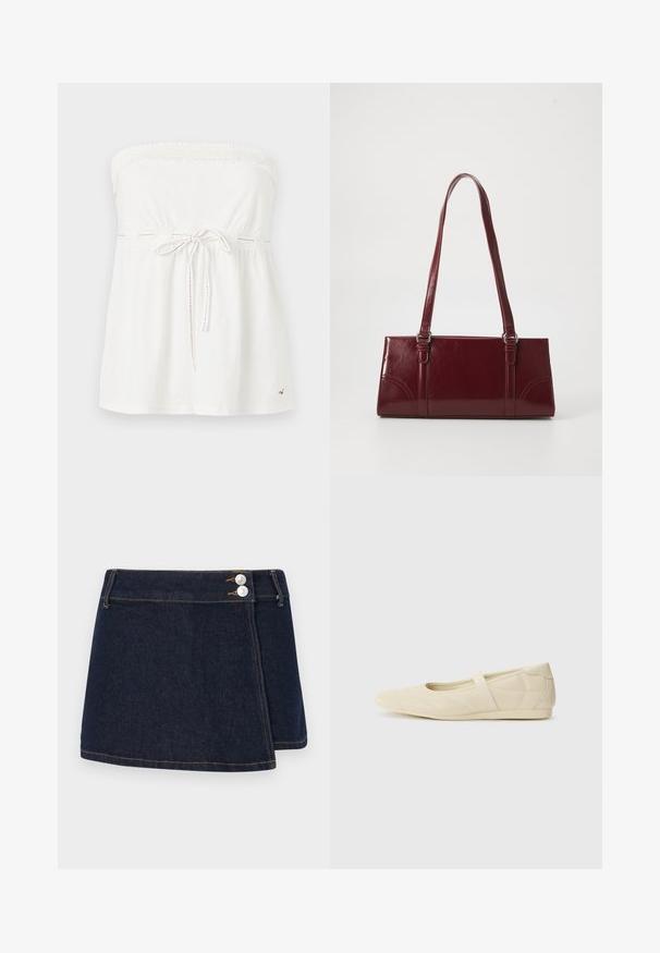 Hvid strapless top lavet af bomuld med en smocked halsudskæring, drawstring talje og subtile røde stiksømme.; Mørk denimnederdel med draperet design, to sølvknapper i taljen og kontrastsyninger langs kanten og sømmene.; Lysebrune ballet flats med en glat læderoverflade, mandelformet tå og elastisk rem over vristen, med diskrete syninger.; Bordeaux håndtaske lavet af glansfuldt materiale, rektangulær form, med to skulderremme og subtile buede detaljer på forsiden.