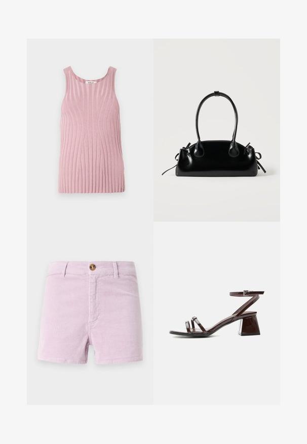 Haut sans manches rose clair avec texture côtelée verticale, encolure arrondie et détail logo près de l'ourlet. Conçu pour une silhouette ajustée.; Shorts en velours côtelé lavande clair avec fermeture à bouton, présentant un design à rayures texturé et des poches avant, coupés au-dessus de la cuisse.; Sandale en cuir verni marron foncé avec talon bloc, bride à la cheville avec boucle et deux fines lanières sur les orteils sur fond blanc.; Petit sac à main noir brillant avec deux longues anses et des détails à cordon sur les côtés sur un fond clair uni.