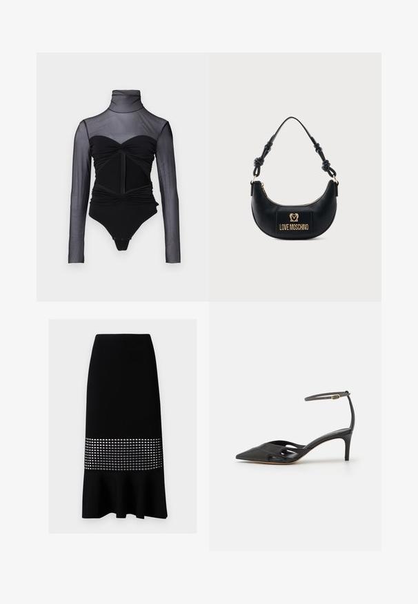 Musta bodysuit, jossa on läpinäkyvä pitkähiha. Ominaisuuksiin kuuluu korkea kaulus, rypytys yksityiskohtina ja etuvetoketju. Saumatonta kangasta ja muotoiltu malli.; Musta ribbed neulehame, jossa on levenevä helma ja hopeisia pyöreitä aukkoja keskiosassa. Sujuva kuitu, tiukka malli.; Musta nahkainen korkokenkä, jossa on terävä kärki, avoimet sivut ja ohut nilkkaremmi, jossa on pieni kultainen yksityiskohta.; Musta puolikuun muotoinen käsilaukku, jossa solmittu kahva ja kullanvärinen "Love Moschino" -logoplaatti edessä, vetoketjusulkeminen ylhäällä.