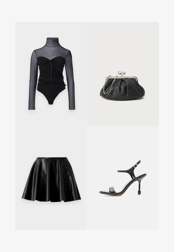 Sort bodysuit med en gennemsigtig, langærmet overdel. Har en høj hals, rynket detaljering og en lynlås foran. Glat stof med en tætsiddende pasform.; Sort læder nederdel i flare-stil med en glat tekstur, bred kant og en tætsiddende talje. Overfladen har en subtil glans og ingen synlige dekorationer.; Sort læder sandal med høje hæle, tynde stropper, åben tå og justerbar ankelspænde, vist mod en ensartet hvid baggrund.; Sort læder clutch med samlet tekstur, sølvfarvet metalramme, kys-lås lukning og kædestrop. Glat, blød overflade.