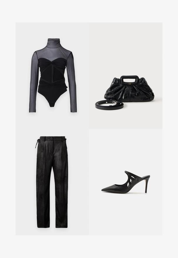 Musta bodysuit, jossa on läpinäkyvä pitkähiha. Ominaisuuksiin kuuluu korkea kaulus, rypytys yksityiskohtina ja etuvetoketju. Saumatonta kangasta ja muotoiltu malli.; Mustat, korkeavyötäröiset housut, jotka on valmistettu teksturoidusta materiaalista. Ominaisuuksia ovat suora lahje, poimutukset ja säädettävä nyöri vyötäröllä.; Musta nahkainen korkokenkä-mule, jossa on terävä kärki, leikattu sivusuunnassa muotoilu ja sileä pinta. Stiletto-korko ja hienovarainen ommelkoristelu.; Pieni musta nahkainen käsilaukku rypytetyllä tekstuurilla, suorakaiteen muotoinen kahva ja irrotettava ohut olkahihna vieressä.