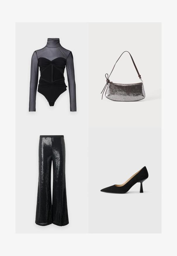 Black bodysuit with a sheer long-sleeve upper. Features a mock neck, ruched detailing, and a front zipper. Smooth fabric with a fitted design.; Black wide-leg trousers covered in sequins, featuring a stretchy waistband and a smooth texture, suitable for formal or festive occasions.; Black suede high-heeled pump with a pointed toe, featuring a glossy black block heel and a smooth interior lining.; Small metallic silver handbag with a textured surface, short dark brown strap, and decorative tied bow on one side.