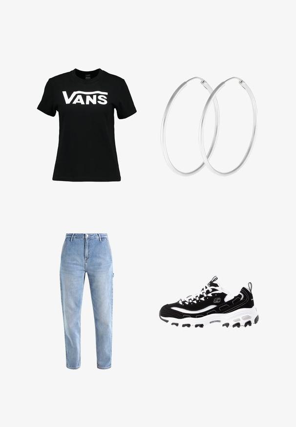 Camiseta de algodón negra con un prominente logo blanco de "VANS" en el pecho. Mangas cortas, cuello redondo y textura suave.; Jeans de mezclilla azul claro con cintura alta, pierna ajustada, cinco bolsillos y cierre de botón metálico clásico. Textura sutilmente desgastada en todo su diseño.; Zapatilla deportiva en blanco y negro con parte superior de ante, cuello acolchado y suela ligera. Presenta un logotipo prominente y detalles de costura en contraste.; Pendientes de aro en tono plateado con forma redonda y un acabado pulido. Ambos pendientes son del mismo tamaño y cuentan con un mecanismo de cierre seguro.