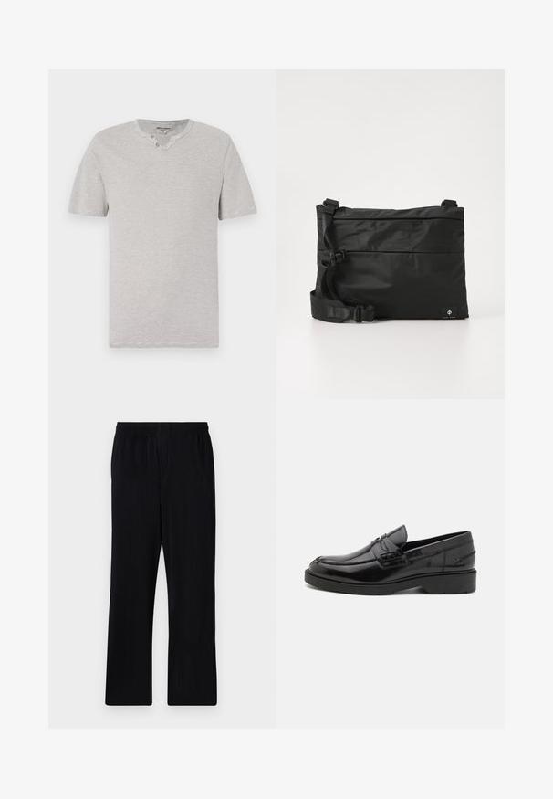 T-shirt à manches courtes, rayé gris et blanc, avec un col rond et deux boutons au niveau du cou. Tissu doux avec une coupe décontractée.; Pantalons noirs plissés avec une taille élastique, design à jambes droites et tissu texturé. Pas de poches ou accents visibles.; Mocassins en cuir noir avec une finition lisse, un bout rond, un petit talon et descoutures décoratives à l'avant. Semelle en caoutchouc pour l'adhérence.; Sac messager en nylon noir avec une sangle réglable, un design plat et une étiquette latérale arborant un logo. Texture lisse et style minimaliste.