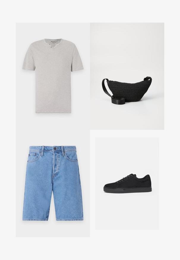 Kortærmet, grå og hvid stribet t-shirt med rund hals og to-knap detaljer ved halsudskæringen. Blødt stof med en afslappet pasform.; Lys blå denimshorts med et klassisk fem-lomme design, knaplukning og lige ben, prydet med en falmet tekstur og syninger som detaljer.; Sort lavtop sneaker med snørelukning foran og flad gummisål, vist fra siden på en hvid baggrund.; Sort vævet stof taske med en buet form, der har en glat sort rem og en struktureret overflade. Velegnet til crossbody eller hoftebæring.
