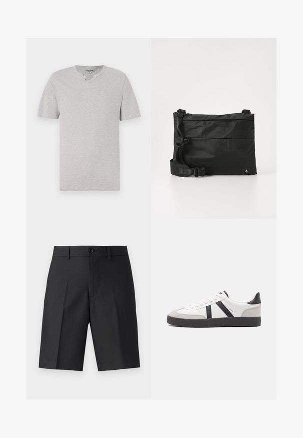 Camiseta de manga corta, a rayas grises y blancas, con cuello redondo y detalle de dos botones en el escote. Tejido suave con un ajuste casual.; Bermudas negras a medida de tela ligera, con corte recto, pliegues simples y cierre frontal de botón.; Zapatilla blanca con acentos en negro y gris, que presenta una puntera texturizada en gris, suela de goma negra y cordones planos blancos. Diseño limpio, estilo minimalista.; Bolso mensajero de nylon negro con correa ajustable, diseño plano y una etiqueta lateral con un logo. Textura suave y estilo minimalista.