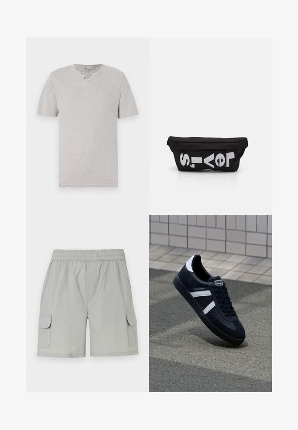 T-shirt s krátkym rukávom, šedo-bielo pruhovaný, s okrúhlym výstrihom a dvomi gombíkmi na golieri. Mäkka látka s voľným strihom.; Svetlošedé cargo šortky s elastickým pásom, dvoma bočnými vreckami a dvoma cargo vreckami s klopami pre väčšiu funkčnosť.; Čierne kožené tenisky s bielymi pruhmi, textúrovanou gumovou podrážkou a šnurovaním vpredu. Obsahujú označenie značky na jazyku.; Čierna taška z tkaniny s plochým tvarom, s výrazným bielym textom. Zips je umiestnený na vrchu, s detailom slučky na jednej strane.