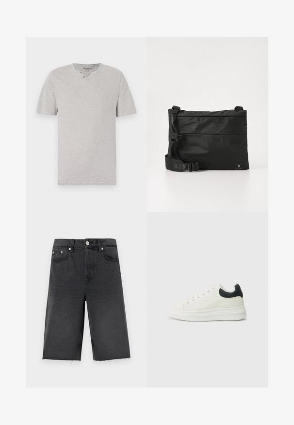 T-shirt à manches courtes, rayé gris et blanc, avec un col rond et deux boutons au niveau du cou. Tissu doux avec une coupe décontractée.; Shorts en denim noir à coupe droite, avec un ourlet légèrement effiloché, des passants de ceinture, cinq poches et des boutons en métal argenté.; Baskets en cuir blanc avec un accent noir au talon, bout rond, semelle blanche plate et fermeture à lacets. Perforations minimales sur les côtés.; Sac messager en nylon noir avec une sangle réglable, un design plat et une étiquette latérale arborant un logo. Texture lisse et style minimaliste.
