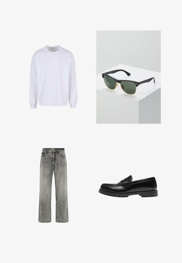 Witte lange mouwen T-shirt met een ronde hals, relaxte pasvorm en elastische manchetten. Gemaakt van zacht, glad katoen.; Grijze wijde jeans gemaakt van denim met een vervaagde afwerking. Voorzien van voorzakken, riemlussen en een ritssluiting met knoopsluiting.; Zwarte leren loafer met een dikke rubberen zool en klassieke penny-strap details, gezien vanaf de buitenkant.; Ray-Ban zonnebrillen met groene lenzen, zwarte plastic monturen en gouden accenten aan de randen. Vierkante vorm met een matte afwerking.