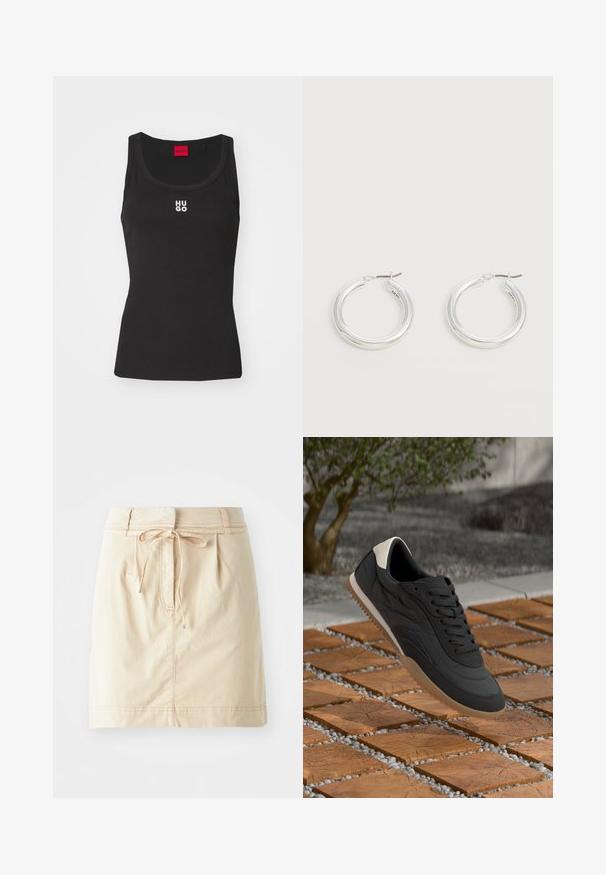 Débardeur noir en coton avec un col rond et sans manches. Présente le logo blanc "HUGO" au centre. Design simple et ajusté.; Jupe kaki en tissu léger avec une taille ajustée, des détails de cordon de serrage, des plis et des coutures subtiles. Texture lisse.; Baskets noires et blanches avec semelle texturée flottant au-dessus de blocs en bois arrangés avec de petits cailloux blancs en extérieur.; Paire de boucles d'oreilles créoles moyennes argentées brillantes avec de fines attaches métalliques sur un fond clair et neutre.