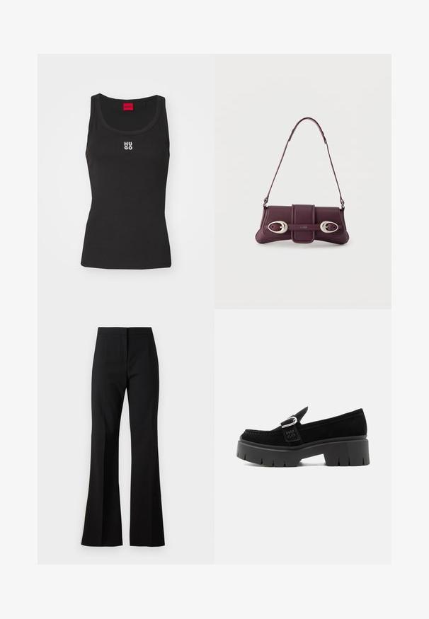 Top sin mangas negro de algodón con escote redondo. Presenta el logo blanco "HUGO" en el centro. Diseño simple y ajustado.; Pantalones de campana negros hechos de una tela suave, con cintura alta, pliegues delanteros y un acabado limpio en los bajos.; Mocasín de ante negro con suela gruesa de tacos, detalle de hebilla plateada y "HUGO" en relieve en la correa lateral, mostrado desde el lado exterior.; Bolso de hombro de cuero púrpura oscuro con hebillas ovaladas plateadas y el logo "HUGO" en la solapa frontal, correa delgada, diseño minimalista.
