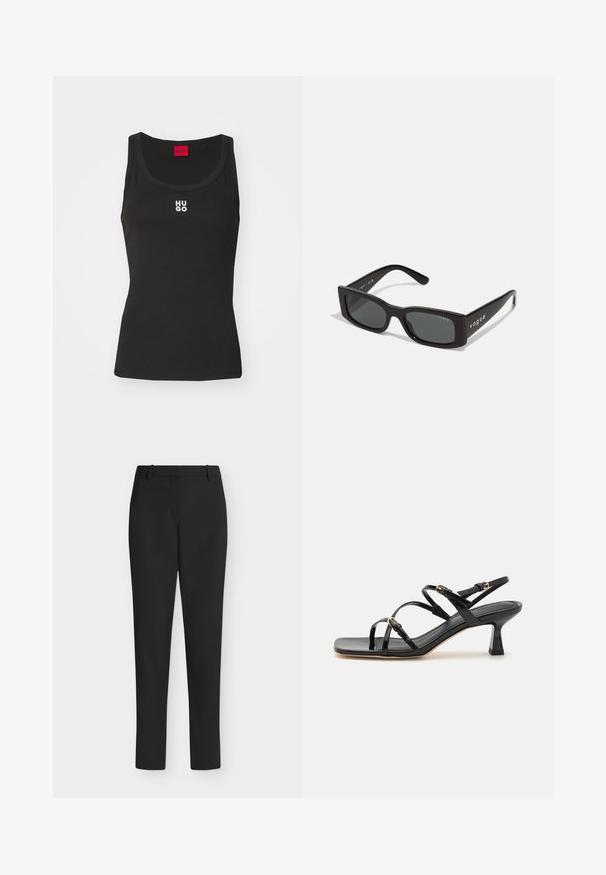 Top sin mangas negro de algodón con escote redondo. Presenta el logo blanco "HUGO" en el centro. Diseño simple y ajustado.; Pantalones negros de corte ajustado con trabillas para cinturón, cremallera frontal y piernas rectas, mostrados sobre un fondo blanco.; Sandalias de charol negro con tiras, punta cuadrada y un bajo tacón en bloque. Presenta herrajes en tono dorado y correas en el tobillo ajustables.; Gafas de sol rectangulares negras con lentes oscuros. Presentan un marco de plástico liso y la marca "vogue" en las patillas.