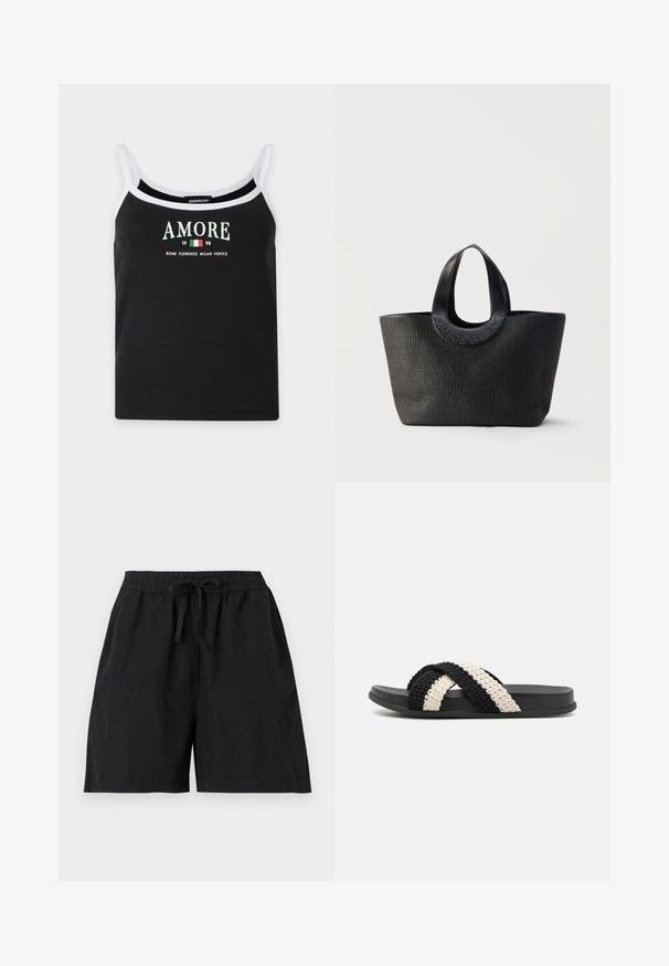 Camiseta sin mangas negra con tirantes y ribete blancos, con la palabra "AMORE,", la bandera italiana y nombres de ciudades italianas impresos en la parte delantera.; Pantalones cortos negros casuales con cintura elástica y cordón frontal, con bolsillos laterales y un ajuste holgado.; Sandal de tira plana de caucho, tejido en negro y crema, con dos tiras trenzadas cruzadas hechas de un material suave y texturizado.; Bolsa tote negra texturizada con asas anchas y redondeadas que presenta el nombre de la marca en relieve "Samsøe Samsøe" sobre un fondo neutro.