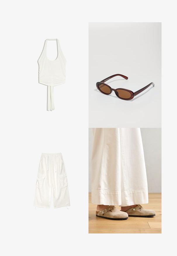 Haut blanc sans manches à col halter, avec un décolleté arrondi et deux longs liens en tissu qui pendent du centre du bas.; Pantalon cargo blanc ample à jambes larges, avec taille à cordon de serrage et grandes poches latérales, présenté sur un fond blanc.; Clogs en suède beige avec une sangle à boucle et des accents cloutés, portés avec un pantalon large blanc, posés sur un sol en bois.; Lunettes de soleil rondes teinte brun avec une monture bordeaux brillante. Branches fines avec un détail de marque subtil. Design de verres plats.
