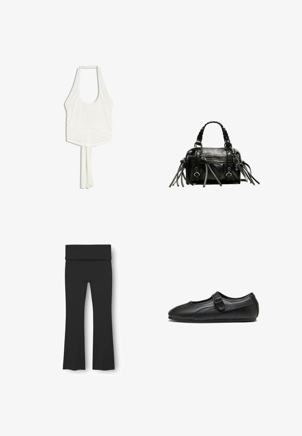 Haut blanc sans manches à col halter, avec un décolleté arrondi et deux longs liens en tissu qui pendent du centre du bas.; Leggings noires évasées en tissu lisse et extensible. Dotés d'une taille large et d'un design minimaliste sans motifs ni accents.; Chaussure Mary Jane en cuir noir avec bride à boucle, semelle plate basse, et détails de couture subtils sur les côtés et la zone des orteils.; Sac à main en cuir noir avec poignées tressées, surface texturée, poche frontale zippée et accents de franges décoratives. Forme compacte et structurée.