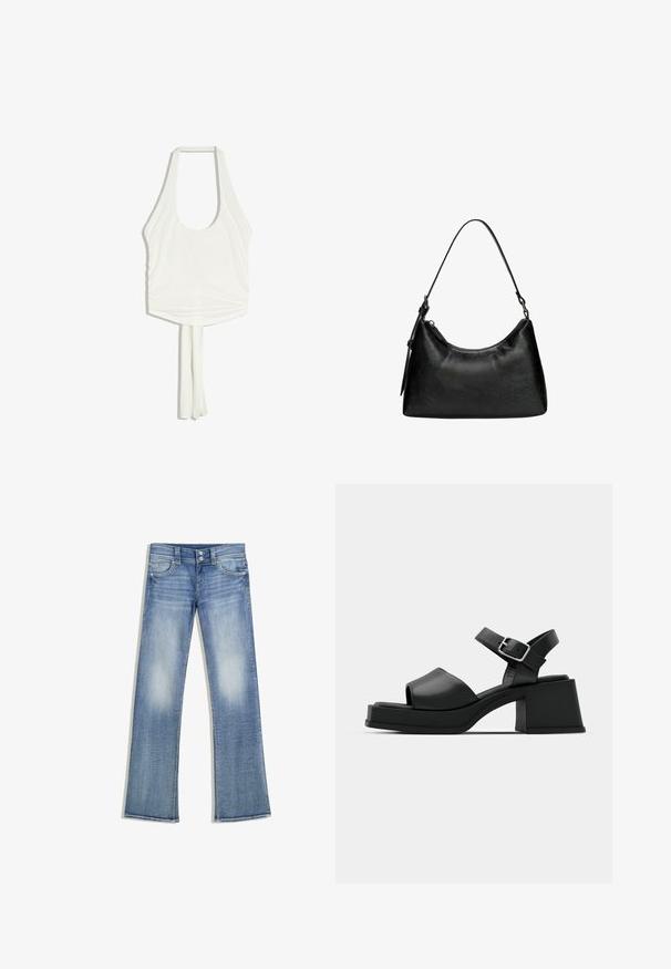 Haut blanc sans manches à col halter, avec un décolleté arrondi et deux longs liens en tissu qui pendent du centre du bas.; Jean bootcut bleu clair à effet délavé, cinq poches, passants pour ceinture et fermeture à double bouton, posé à plat sur un fond blanc.; Sandales plateforme noires en cuir avec un design à bout ouvert, une bride à la cheville et un talon carré large. Texture lisse et style minimaliste.; Sac à épaule en cuir noir avec fermeture éclair et une fine bandoulière simple suspendue vers le haut sur un fond blanc.
