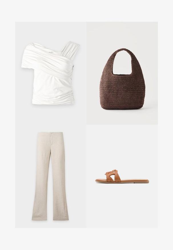 Λευκή off-shoulder μπλούζα φτιαγμένη από μαλακό, ελαστικό ύφασμα. Διαθέτει πτυχώσεις και έναν φαρδύ ιμάντα από τη μία πλευρά. Λείο φινίρισμα.; Μπεζ λινό παντελόνι με ίσιο πόδι και κρυφό μπροστινό κούμπωμα, τοποθετημένο επίπεδα σε ανοιχτό φόντο. Χωρίς ορατές τσέπες ή λεπτομέρειες.; Τεχνητό δερμάτινο σανδάλι με πλάγια λουριά, μαλακή σόλα και μινιμαλιστικό σχέδιο. Λείο υλικό χωρίς ορατά σχέδια ή μεταλλικά στοιχεία.; Καφέ τσάντα tote πλεκτή με φαρδιά λαβή και στρογγυλεμένο ορθογώνιο σχήμα σε απλό ανοιχτό φόντο.