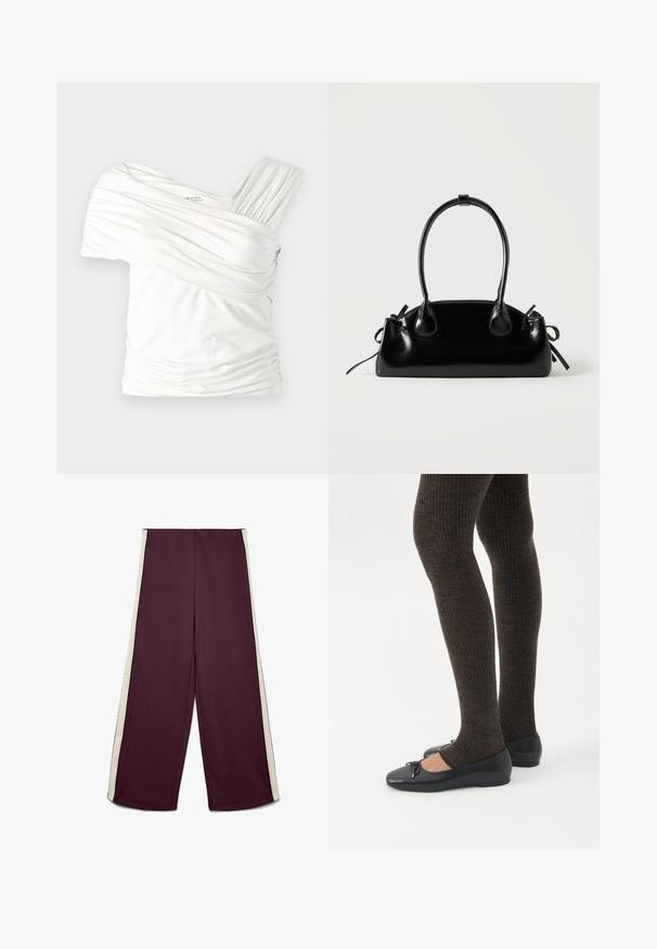 Λευκή off-shoulder μπλούζα φτιαγμένη από μαλακό, ελαστικό ύφασμα. Διαθέτει πτυχώσεις και έναν φαρδύ ιμάντα από τη μία πλευρά. Λείο φινίρισμα.; Μπορντό παντελόνια με φαρδιά μπατζάκια, λευκές πλαϊνές ρίγες, επίπεδη μπροστινή όψη και ψηλή μέση.; Πόδια με σκουρόχρωμα ριμπ κολάν συνδυασμένα με μαύρα μπαλαρίνα παπούτσια με μικρές λεπτομέρειες φιόγκων σε λευκό φόντο.; Μικρή μαύρη γυαλιστερή τσάντα με δύο μακριές λαβές και λεπτομέρειες με ρυθμιζόμενο κορδόνι στο πλάι σε απλό ανοιχτό φόντο.