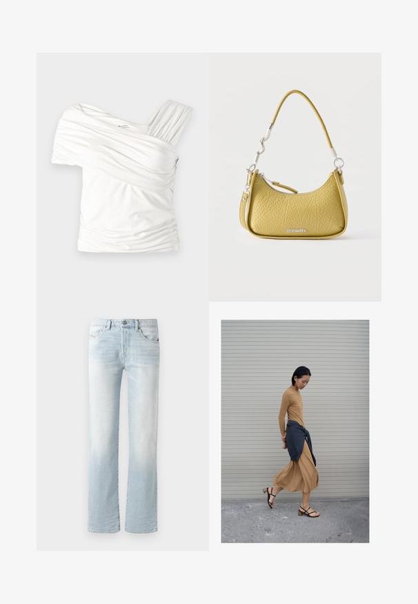 Λευκή off-shoulder μπλούζα φτιαγμένη από μαλακό, ελαστικό ύφασμα. Διαθέτει πτυχώσεις και έναν φαρδύ ιμάντα από τη μία πλευρά. Λείο φινίρισμα.; Ανοιχτό μπλε τζιν παντελόνι με ίσια γραμμή, χαρακτηρισμένο από ξεθώριασμα, πέντε τσέπες και κλείσιμο με κουμπί μπροστά.; Γυναίκα που περπατάει με μακρύ ταμπά φόρεμα και μαύρα σανδάλια, με σκοτεινό πουλόβερ δεμένο γύρω από τη μέση της, μπροστά σε κλειστή γρίλια.; Μικρή υφασμάτινη κίτρινη τσάντα με καμπύλο επάνω φερμουάρ, κοντή κυματιστή λαβή, αποσπώμενο ιμάντα και ασημένιο λογότυπο Steve Madden.