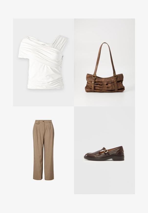 Λευκή off-shoulder μπλούζα φτιαγμένη από μαλακό, ελαστικό ύφασμα. Διαθέτει πτυχώσεις και έναν φαρδύ ιμάντα από τη μία πλευρά. Λείο φινίρισμα.; Μπεζ παντελόνι με φαρδιά μπατζάκια και ψηλή μέση, με πιέτες, θηλιές για ζώνη, εμπρόσθιο κουμπί, φερμουάρ και μικρή τσέπη με καπάκι στη μέση.; Καφέ δερμάτινο παπούτσι με στρογγυλεμένη μύτη, σχέδιο με ανοίγματα και λουράκι με ασημί πόρπη. Χαμηλό, σταθερό μαύρο τακούνι με διακοσμητικό ράψιμο.; Even&Odd Τσάντα χειρός - brown