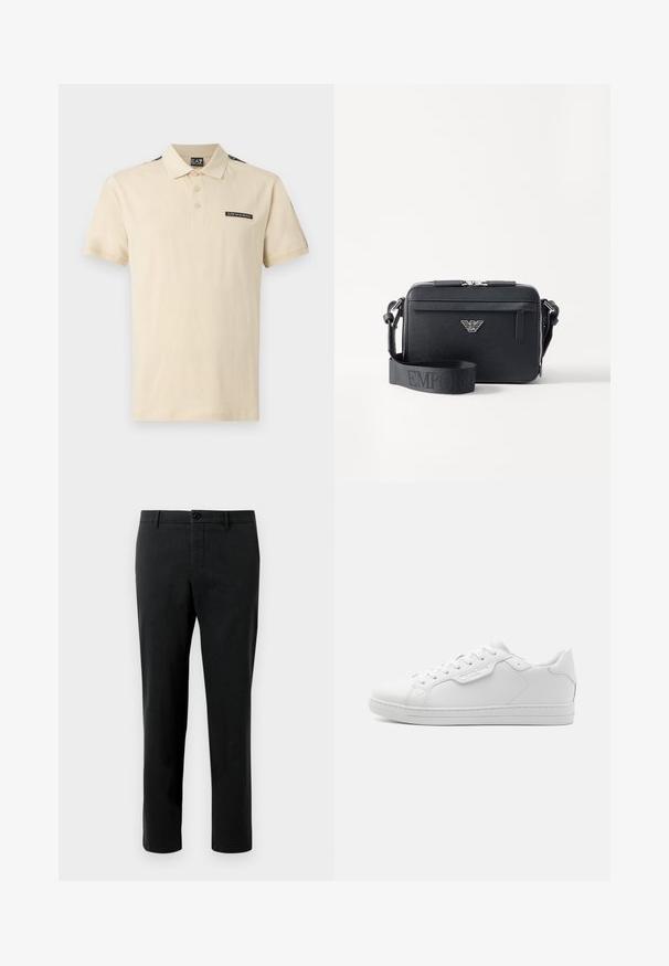 Beige kortærmet polo med krave, tre knapper og EA7 Emporio Armani-logo på brystet og kravemærket.; Sorte bukser lavet af stof med en glat tekstur, med klassisk pasform, knaplukning og sidelommer. Ingen mønstre eller detaljer.; Hvide lædersneakers med afrundet tå, seks øjer, flade snørebånd og minimalistisk design. Har et lille logo på siden.; Sort crossbody taske lavet af tekstureret materiale. Har en lynlåslukning, en frontlomme med lynlås og en metallogo akcent. Inkluderer justerbar rem.