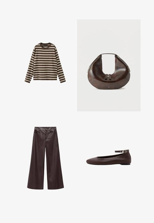 Brun langærmet skjorte med vandrette cremefarvede striber. Fremstillet af blødt materiale med rund halsudskæring og almindelig pasform.; Brune faux læder wide-leg bukser med høj talje, der har forlommer og klassisk knaplukning. Glat tekstur og mat finish.; Mørkebrune flade sko med rund tå og justerbar ankelrem med sølvspænde på hvid baggrund.; Mørkebrun, halvmåneformet læderhåndtaske med top-håndtag og to lynlåse, vist mod en ensfarvet lys baggrund.