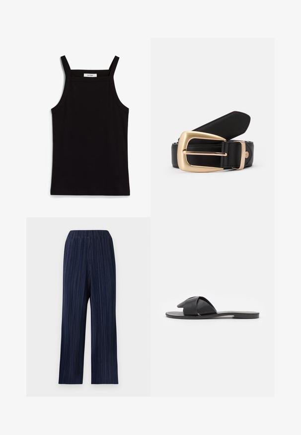Sort tanktop med tynde spaghetti-stropper, lavet af et ribbet stof, med en lige skæring og et mærke ved halsudskæringen, der står "IVY OAK."; Marineblå bukser med høj talje og vid ben, med fine lodrette læg og elastisk taljebånd på en lys baggrund.; Sort slip-on sandaler med krydsede stropper. Fremstillet af glat læder med en flad sål og minimal syning. Enkel, åben tå design.; Sort læderbælte med en gylden rektangulær spænde. Bæltet har en glat overflade og en subtil syning langs kanterne.