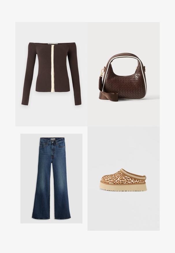 Off-shoulder ribbestrikket langermet topp i mørkebrunt med kremfarget knappestolpe nedover midten foran.; Vidde jeans i mørkeblå denim, med høy midje, fem-lomme design og kontrasterende sømmer langs sømmen og midjebåndet.; Lav hæl slip-on sko med leopardmønstret overdel, beige såle, sydd kant og UGG-logo på siden.; Brun vevd skinnhåndveske med hvit piping, gullglidelås og avtakbar brun skulderstropp i stoff.