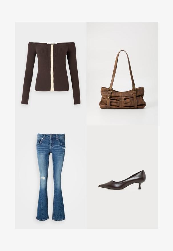 Off-shoulder ribbet langærmet top i mørkebrun med en cremefarvet knapstolpe ned langs midten foran.; Blå denim flared jeans med en mellemhøj talje, slidte detaljer på knæene og en glat, struktureret overflade gennemgående.; Mørkebrun læderpumps med spids tå og lav buet hæl på hvid baggrund.; Even&Odd by Zalando Håndtasker - brown