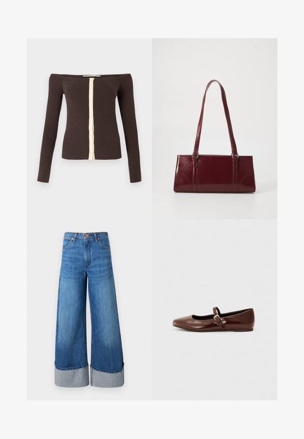 Off-shoulder ribbet langærmet top i mørkebrun med en cremefarvet knapstolpe ned langs midten foran.; Vide ben denim jeans i mellemblå. Har en høj talje, opkrøllede nederste kanter i lysere denim og klassisk fem-lomme design med metal accenter.; Brun patentlæder balletflade med firkantet tå og strop med en lille guldbuckle. Glat tekstur, lav hæl og minimalistisk design.; Bordeaux håndtaske lavet af glansfuldt materiale, rektangulær form, med to skulderremme og subtile buede detaljer på forsiden.