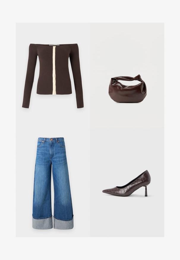 Off-shoulder ribbet langærmet top i mørkebrun med en cremefarvet knapstolpe ned langs midten foran.; Vide ben denim jeans i mellemblå. Har en høj talje, opkrøllede nederste kanter i lysere denim og klassisk fem-lomme design med metal accenter.; Brune kunstlæder stiletter med spidse tæer og krokodilletekstur, der har en slank, vinklet hæl og en glat inderside.; Mørkebrun læder skuldertaske med en blød, afslappet form og et snoet knudehåndtag på en ensartet hvid baggrund.