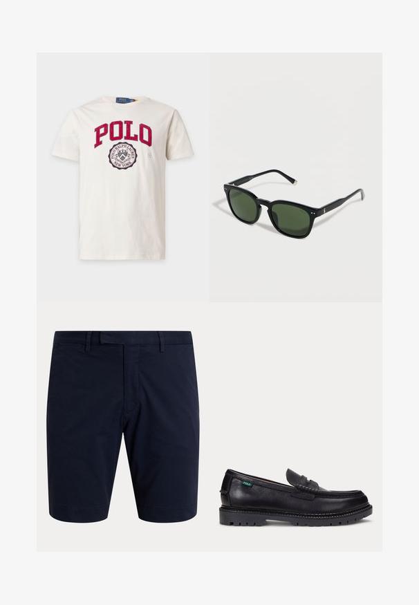 T-shirt blanc à manches courtes avec texte rouge "POLO" et logo circulaire Polo Ralph Lauren New York en noir et blanc sur la poitrine.; Shorts bleu marine foncé longueur genou avec passants de ceinture, une fermeture éclair à l’avant, et des poches latérales sur un fond uni clair.; Mocassin en cuir noir avec une semelle épaisse à crampons et une petite étiquette verte "Polo" sur le côté extérieur, près du talon.; Lunettes de soleil rectangulaires noires avec des verres vert foncé et un petit logo Polo sur la branche, posées sur un fond blanc.