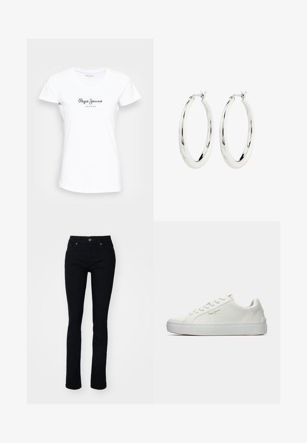 Witte korte mouwen T-shirt van katoen, met een ronde halslijn en een grijs gewatteerd 'Pepe Jeans LONDON' logo op de borst.; Zwarte denim jeans met een slim fit, vijf-pocket ontwerp, ritssluiting en knoopsluiting. Glad textuur en lichte rek voor comfort.; Witte sneaker met een textuur op de bovenkant, uitgerust met een rubberen zool, ronde neus en platte veters. Gouden logodetail aan de buitenkant.; Zilveren oorbellen in de vorm van een gladde, glanzende ring. Circulaire vorm, voorzien van een veilige sluiting. Eenvoudig en elegant ontwerp.
