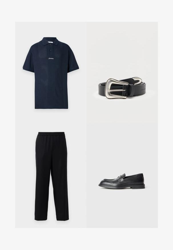 Marineblå poloshirt lavet af tekstureret stof. Har korte ærmer, en klassisk krave og en front med to knapper. "Samsøe" logo vises.; Sorte bukser med elastisk talje, lige ben-design og et glat, let stof. Ingen synlige lommer eller mønstre.; Sorte læder loafers med en struktureret finish, der har en dekorativ frontrem og en rundet tå. Gummisål for holdbarhed.; Sort læderbælte med stort, sølvfarvet western-spænde og matcher sølv bæltespids, rullet sammen på hvid baggrund.