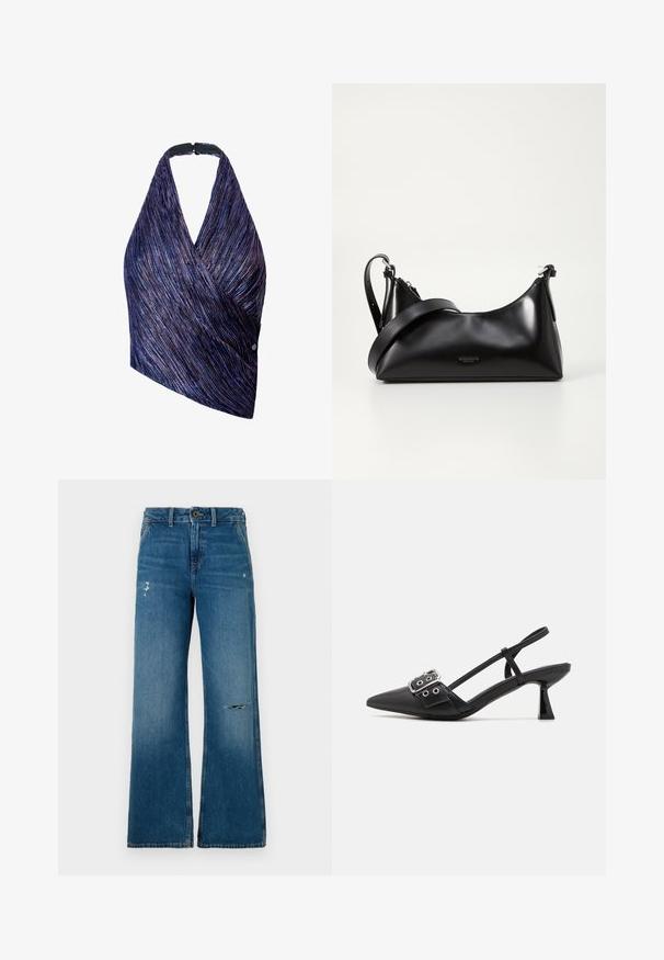 Top de estilo envolvente en tejido texturizado con rayas moradas y azules. Cuello halter con un cierre negro, un lado acentuado con un detalle de botón.; Jeans de mezclilla azul de piernas anchas con una textura desgastada, que presentan dos áreas desgastadas en la parte frontal, un cierre de botón y diseño de cinco bolsillos.; Simmi London DALA - Tacones - black; Bolso de mano de cuero negro con una textura suave. Cuenta con una correa ajustable y un diseño elegante y minimalista con cierre de cremallera.