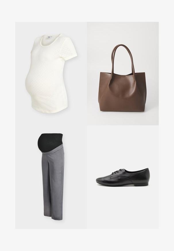 Camisa blanca de manga corta para maternidad con un sutil patrón de diamantes y cuello redondo, diseñada para adaptarse a la barriga de una mujer embarazada.; Pantalones de maternidad con una cintura ancha negra elástica, tela gris clara, ajuste holgado y piernas rectas, ideales para la comodidad durante el embarazo.; Zapatos de cuero negro con cordones, de textura suave, punta redonda, tacón bajo y diseño simple. Vista lateral que enfatiza la forma elegante y las costuras.; Bolso tote de cuero marrón con dos asas largas, forma estructurada, textura suave y diseño minimalista. Sin herrajes o acentos visibles.