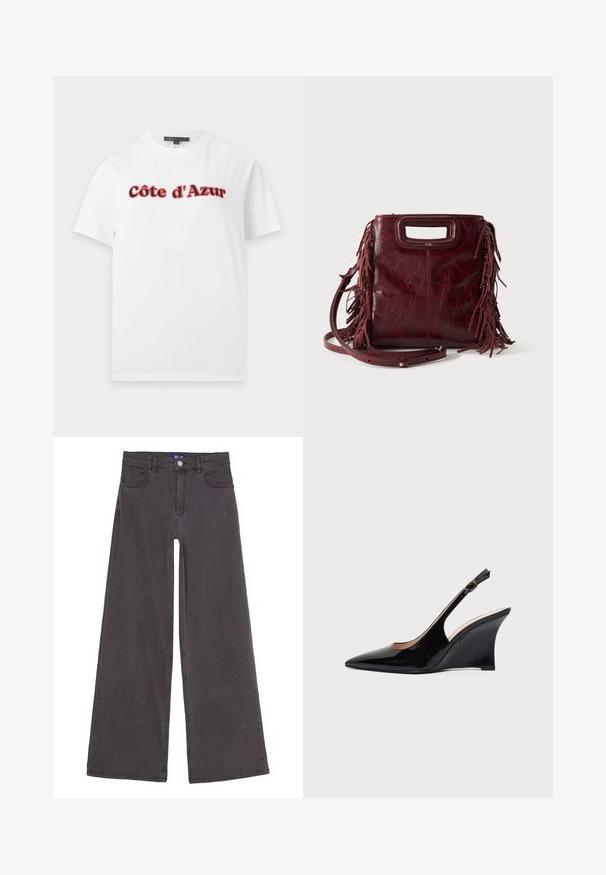 Hvid T-shirt med korte ærmer med teksten "Côte d'Azur" i rød og sort fed skrift tværs over brystet, vist på en ensfarvet baggrund.; Bredde ben sorte denim jeans lavet af bomuldsstof. Har fem lommer, en knaplukning foran og lige søm. Glat tekstur.; Sort laklæder kilehæl sandal med spids tå og justerbar ankelrem på hvid baggrund.; Firkantet burgunderfarvet læderhåndtaske med udskåret håndtag, sideskvaster og justerbar skulderrem på ensfarvet baggrund.