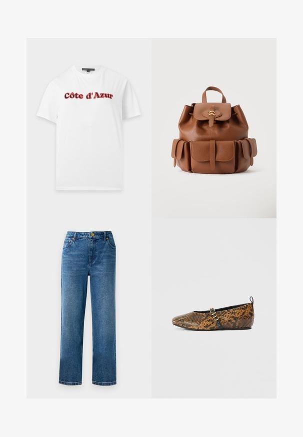 Witte T-shirt met korte mouwen met de tekst "Côte d'Azur" in rode en zwarte vette letters over de borst, weergegeven op een effen achtergrond.; Blauwe high-waisted jeans met een rechte-pijpen-snits, gemaakt van denim, met vijf zakken en details in goudkleurige hardware.; Ballerina platte schoen in nepslangenhuidpatroon met bruine en zwarte tinten. Voorzien van een zwarte band en gouden accenten. Soepele textuur.; Bruine rugzak van gestructureerd leer met een bovenste handvat, een voorvak met klep en gouden gesp, en twee zijvakken met kleppen.