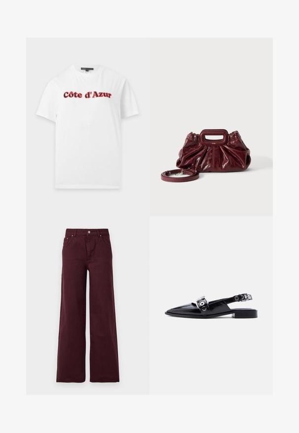 T-shirt blanc à manches courtes avec le texte « Côte d'Azur » en police grasse rouge et noire sur la poitrine, présenté sur un fond uni.; Jeans larges bordeaux avec taille haute, fermeture à bouton en métal, poches avant et un tissu lisse, légèrement texturé.; Ballerine pointue en cuir verni noir avec double boucle argentée et talon slingback sur fond blanc.; Petit sac à main en cuir rouge foncé avec texture froncée, poignée rectangulaire découpée pour la main et bandoulière détachable sur fond blanc.