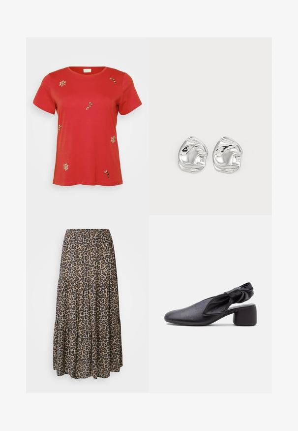 Rød bomulds T-shirt med rund halsudskæring. Har hvid snedrive og sukkerrør broderi i forskellige størrelser. Korte ærmer, afslappet pasform.; Maxi nederdel med leopardprint, elastisk talje, lagdelt design og blødt, let materiale i nuancer af brun, sort og beige.; Sort læder slingback-sko med rundet tå, detaljer med knyttet rem og lav blokhæl på hvid baggrund.; Sølv abstrakte stud øreringe med en poleret finish, der har glatte kurver og subtile konturer. Ingen synlige mønstre eller accenter.